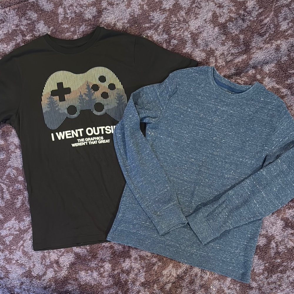 2/$10 Boys 14/16 Black Graphic Tee and Blue Long Sleeve Shirt